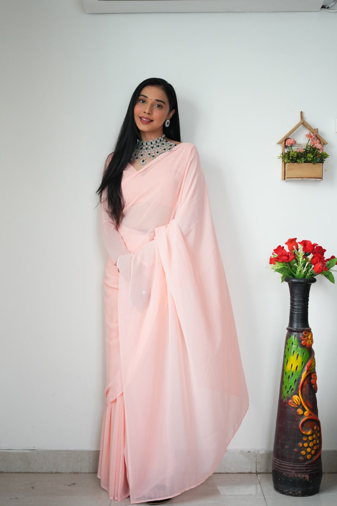 Stylish Georgette Pink Color Ready To Wear Saree