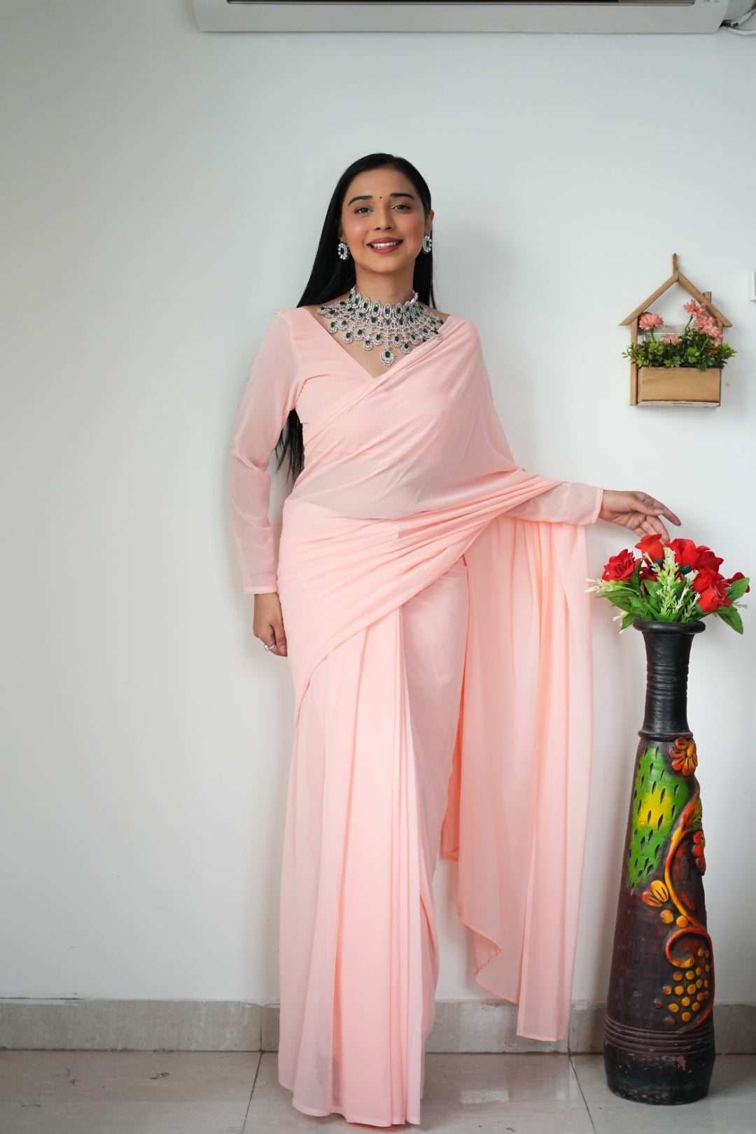 Stylish Georgette Pink Color Ready To Wear Saree