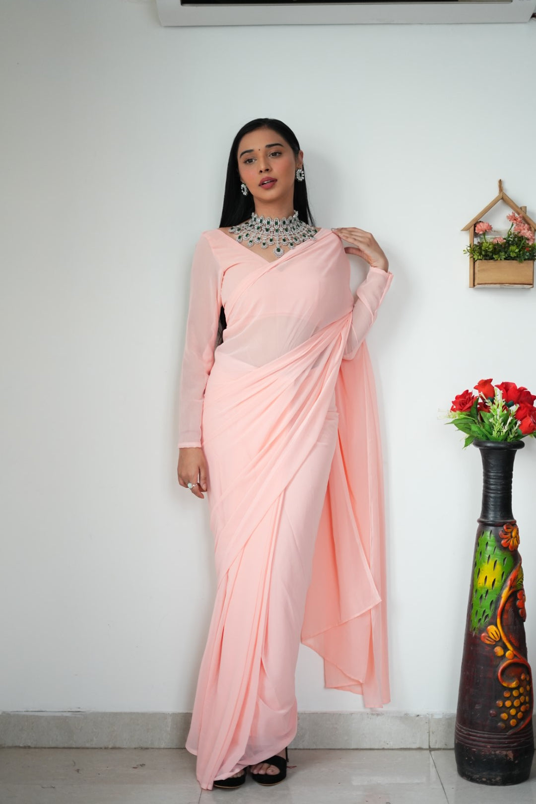 Stylish Georgette Pink Color Ready To Wear Saree