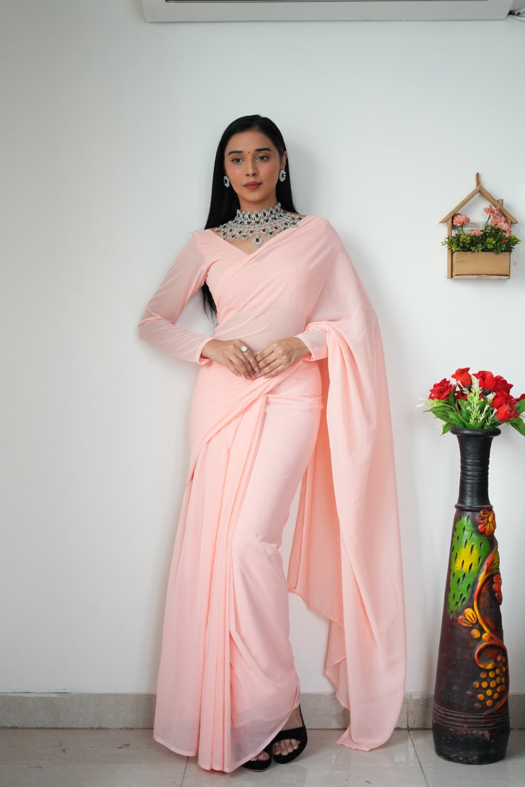 Stylish Georgette Pink Color Ready To Wear Saree