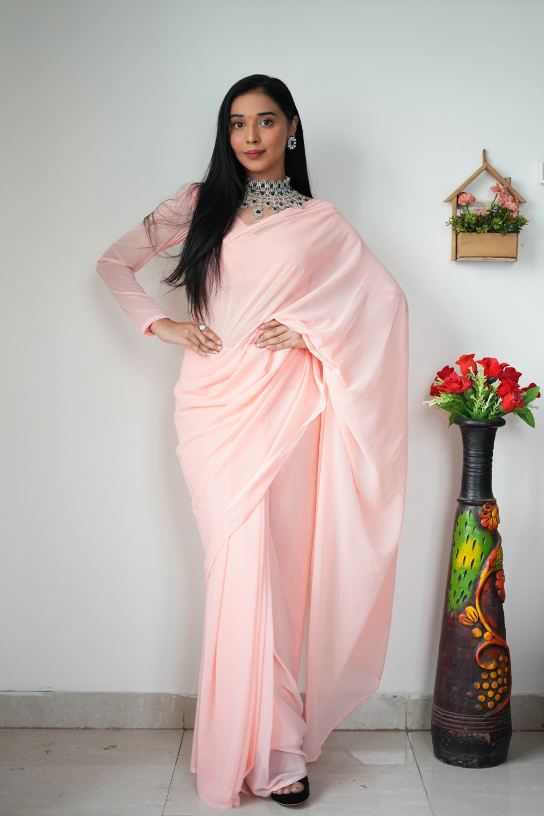 Stylish Georgette Pink Color Ready To Wear Saree