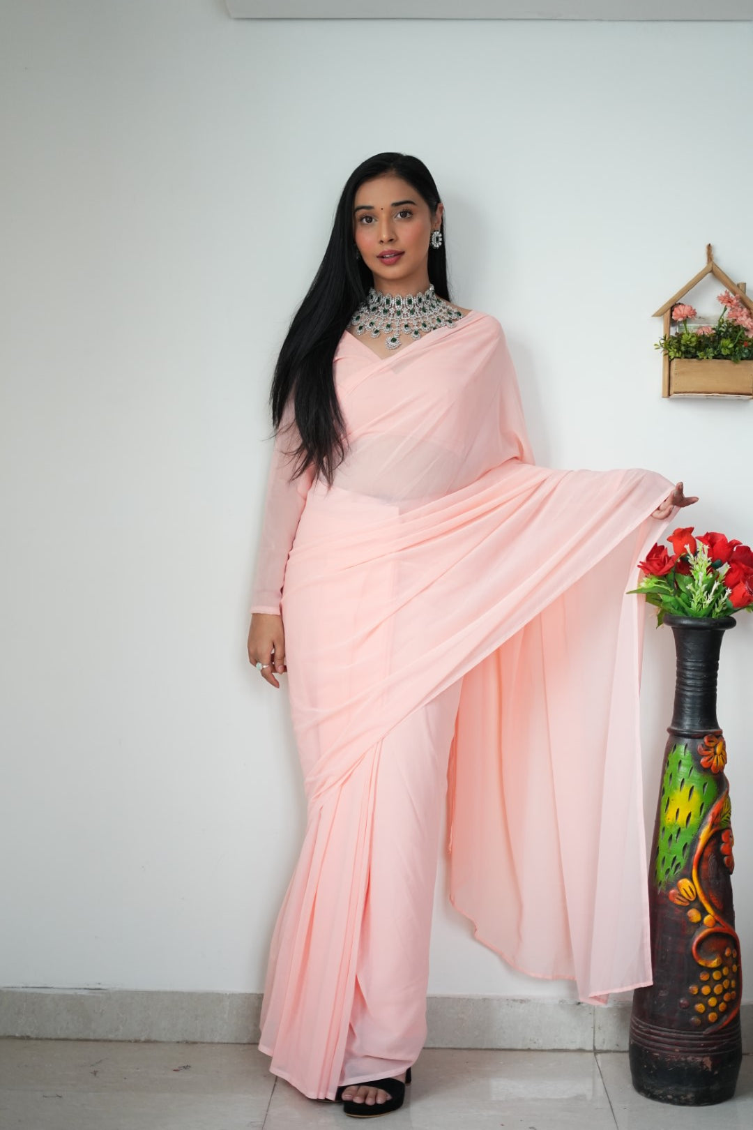 Stylish Georgette Pink Color Ready To Wear Saree