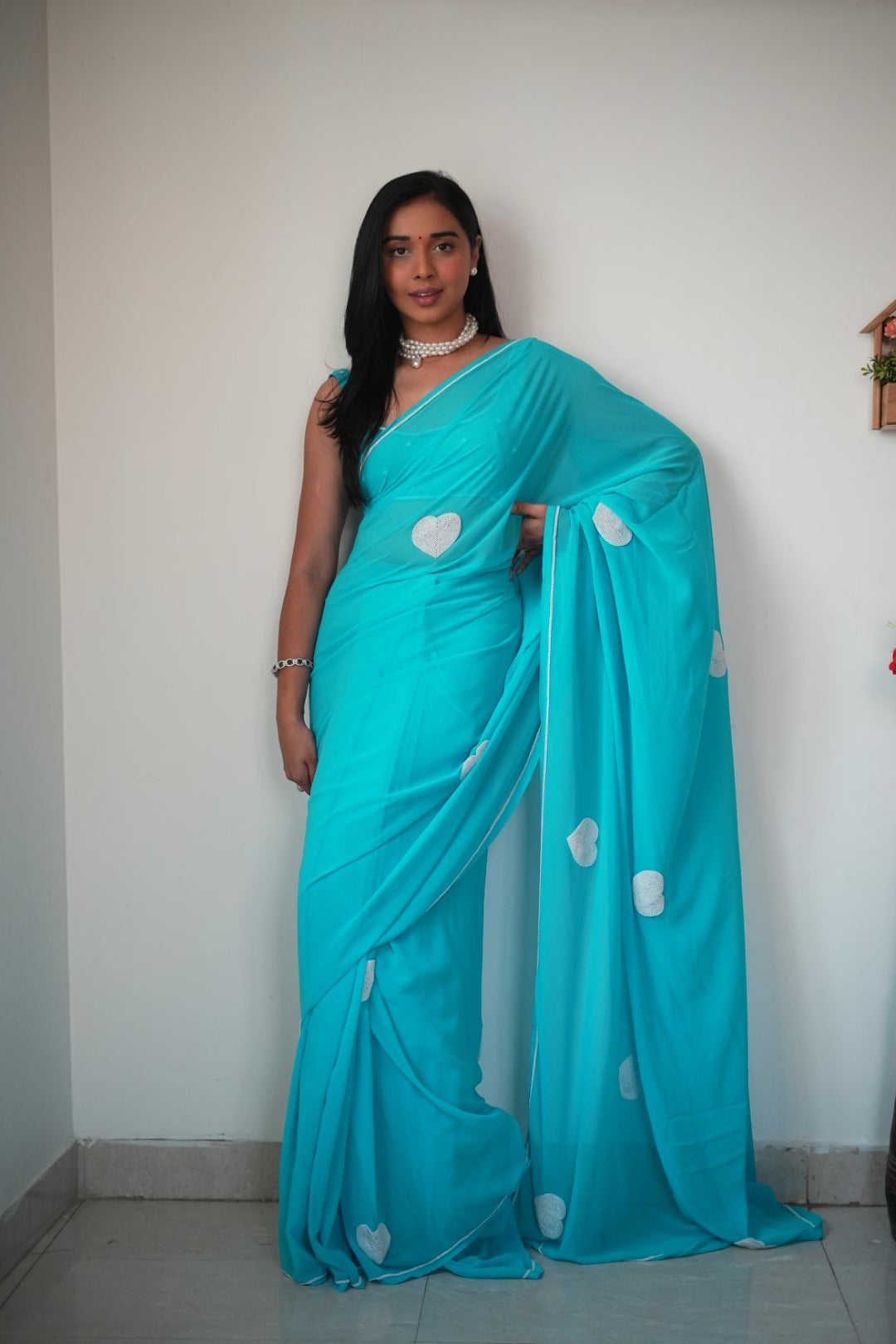 Glossy Sky Blue Color Embroidery Hard Work Ready To Wear Saree