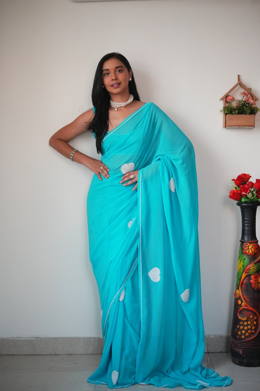 Glossy Sky Blue Color Embroidery Hard Work Ready To Wear Saree