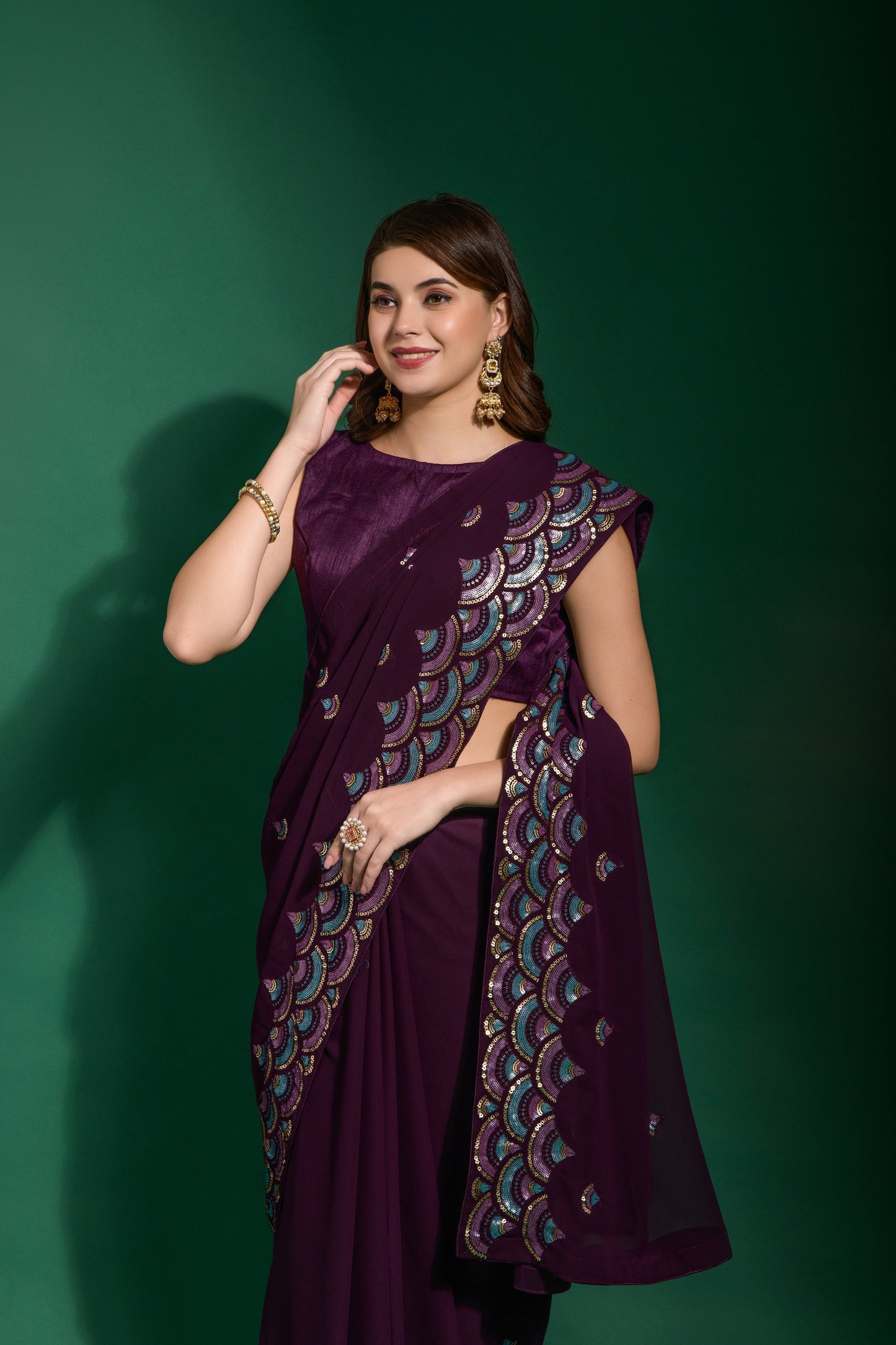 Elegant Georgette Wine Color Saree