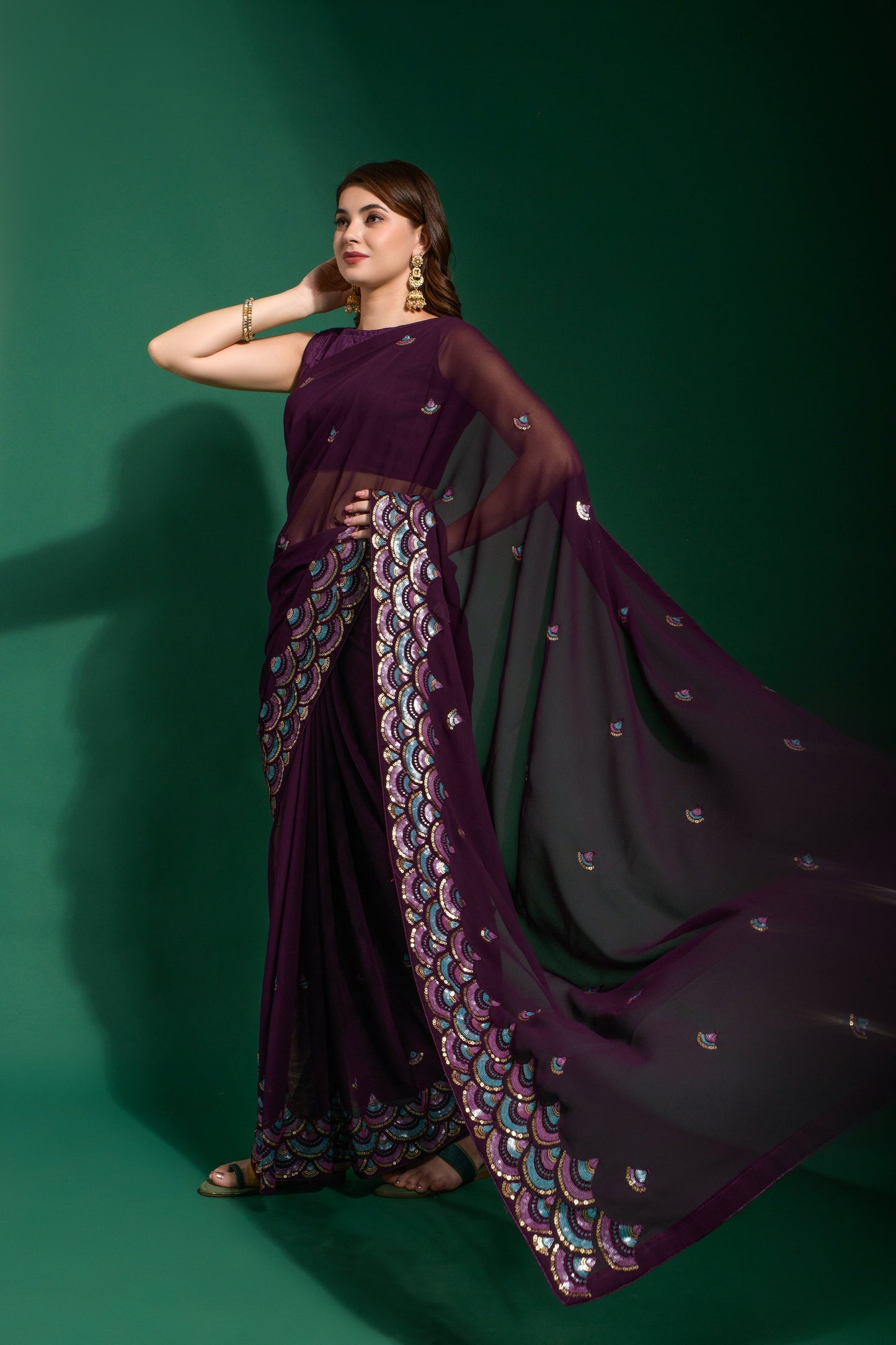 Elegant Georgette Wine Color Saree