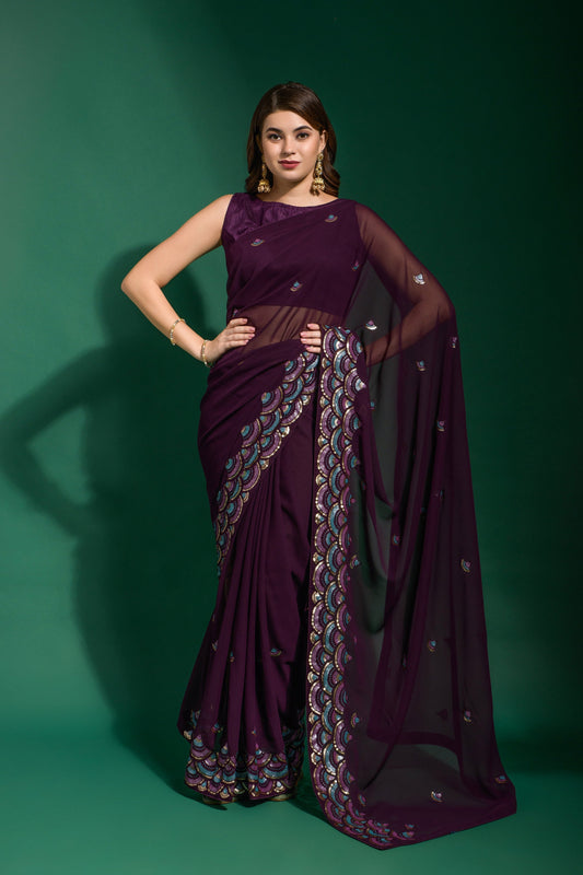 Elegant Georgette Wine Color Saree