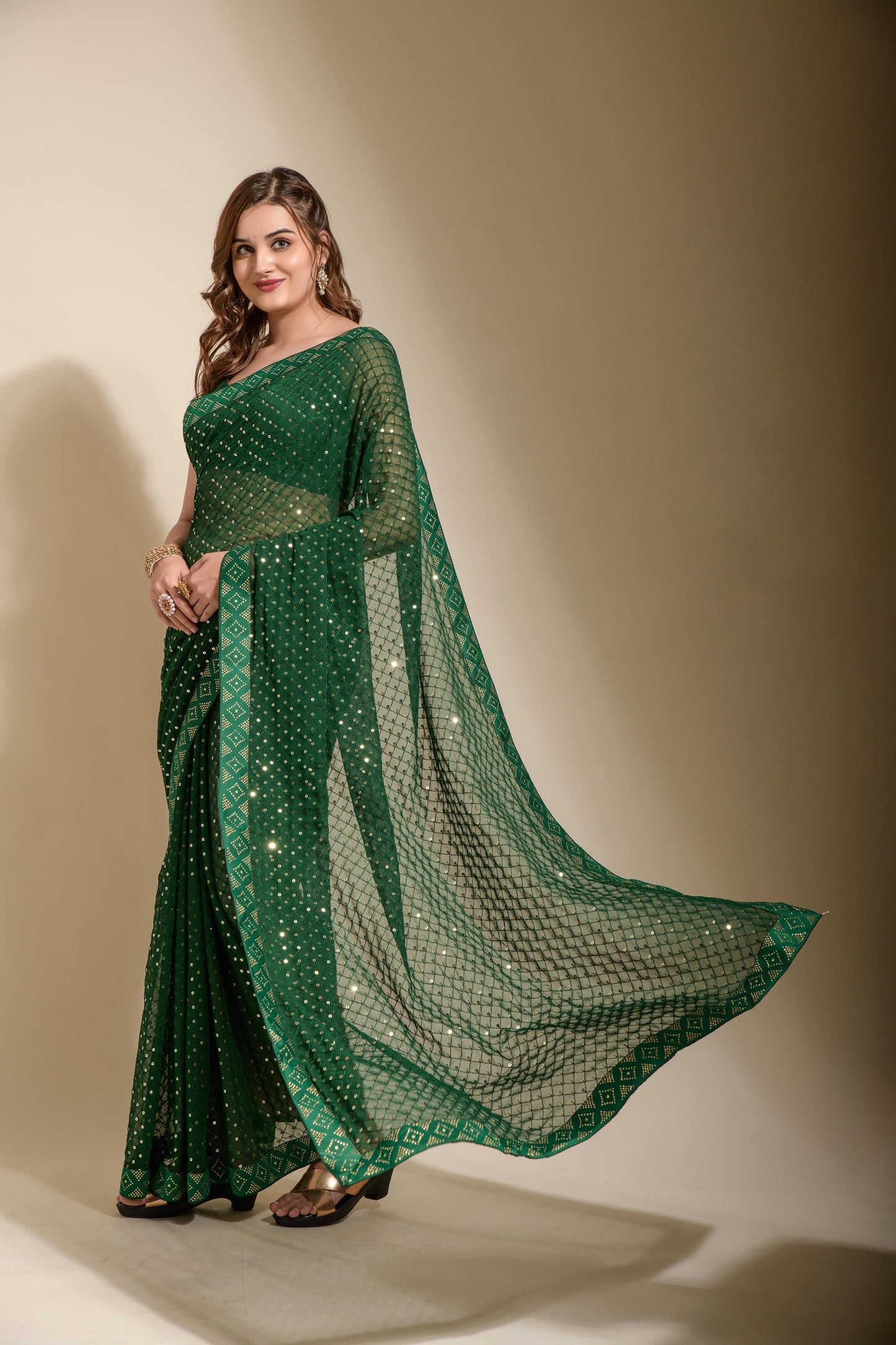 Delightful Georgette Ready To Wear Green Color Saree