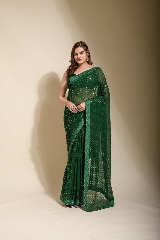 Delightful Georgette Ready To Wear Green Color Saree