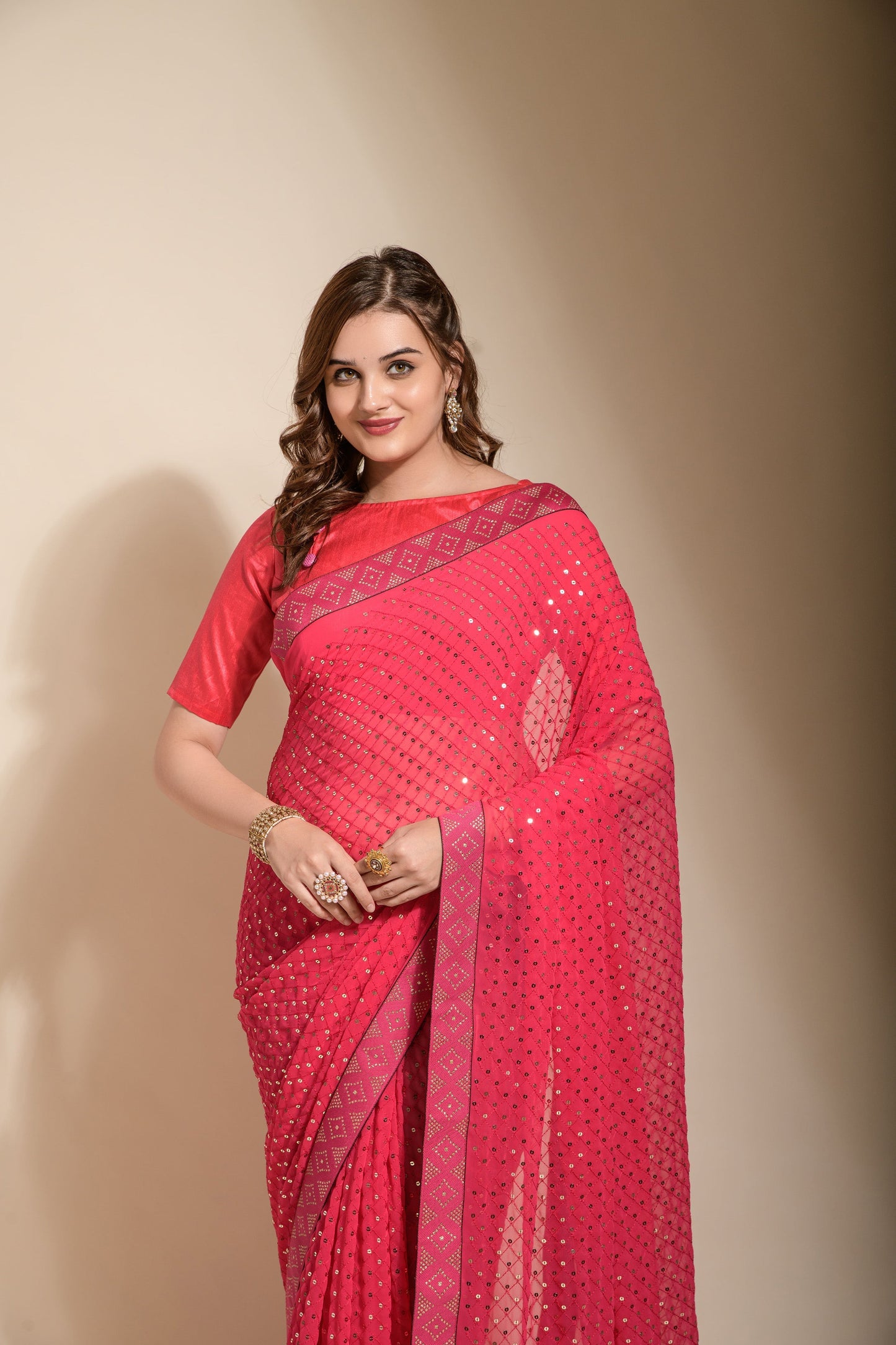 A Delightful Georgette Ready To Wear Pink Color Saree