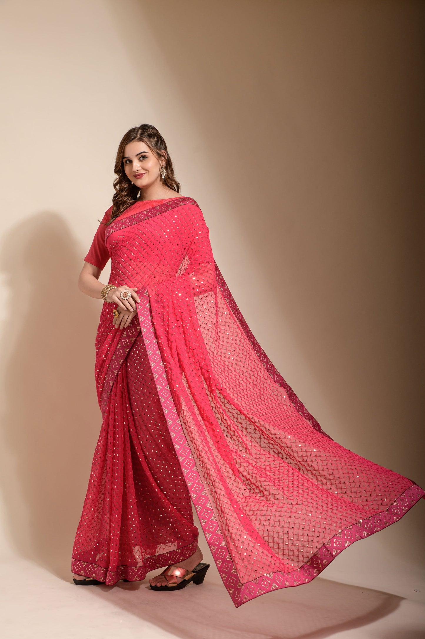 A Delightful Georgette Ready To Wear Pink Color Saree