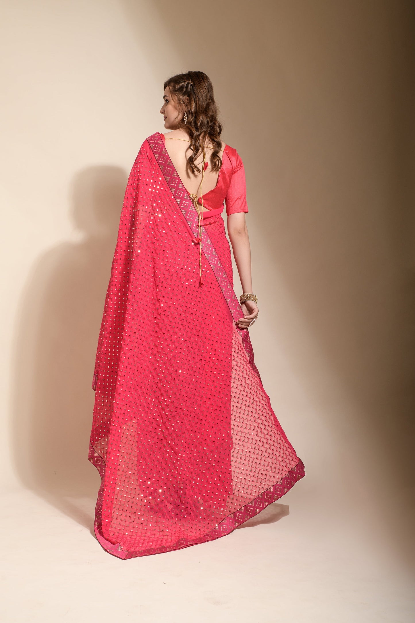 A Delightful Georgette Ready To Wear Pink Color Saree