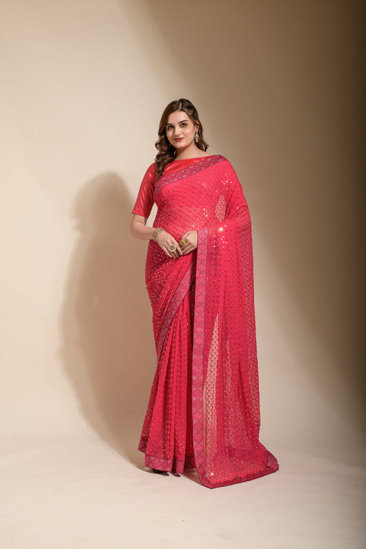 A Delightful Georgette Ready To Wear Pink Color Saree