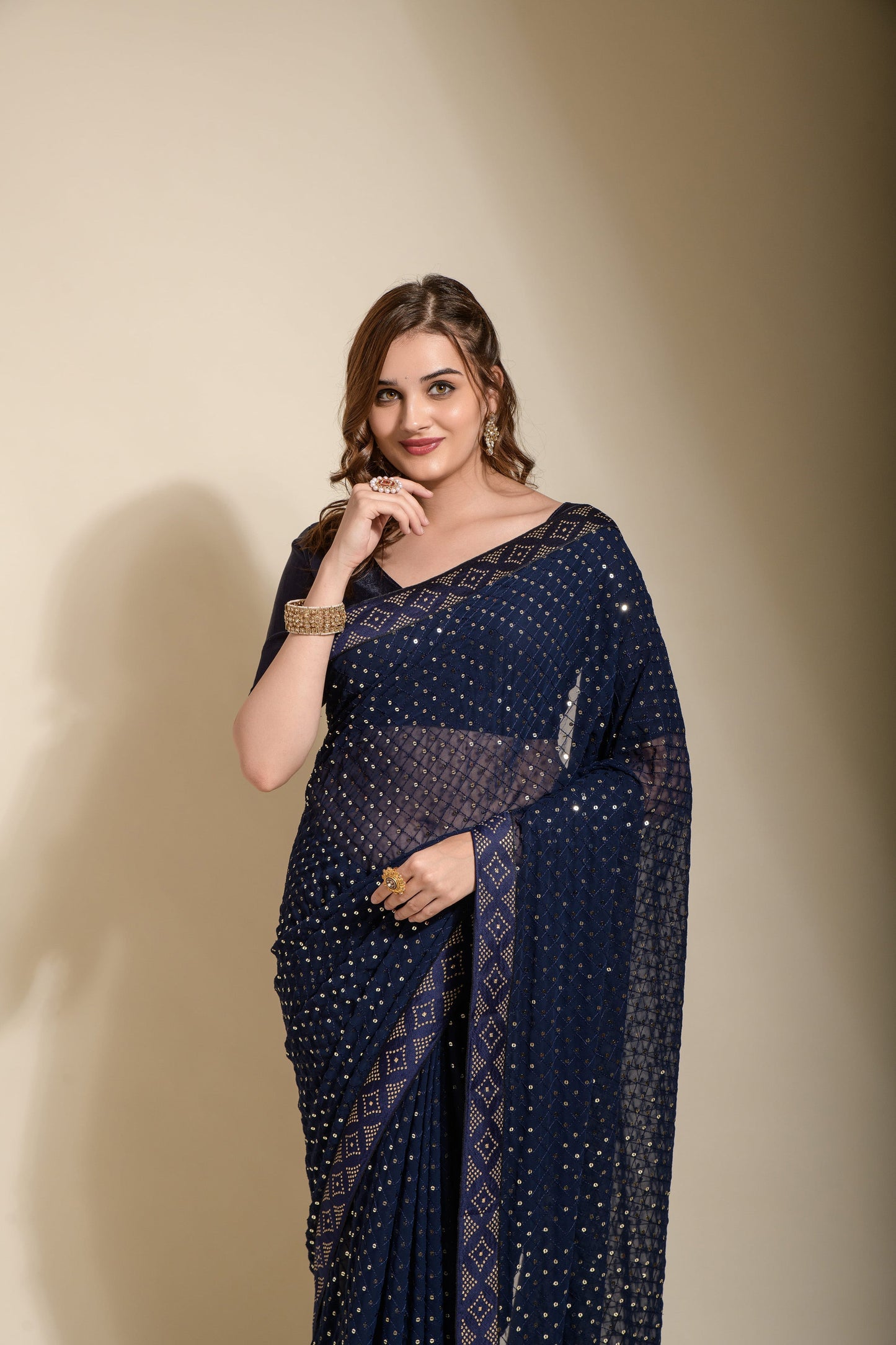 Delightful Georgette Ready To Wear Navy Blue Color Saree