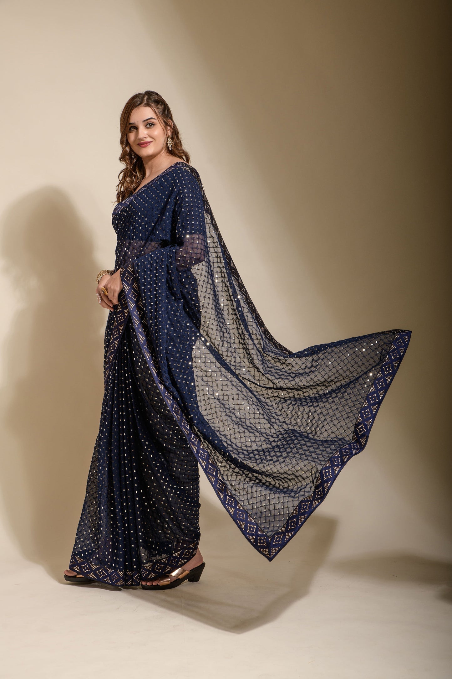 Delightful Georgette Ready To Wear Navy Blue Color Saree