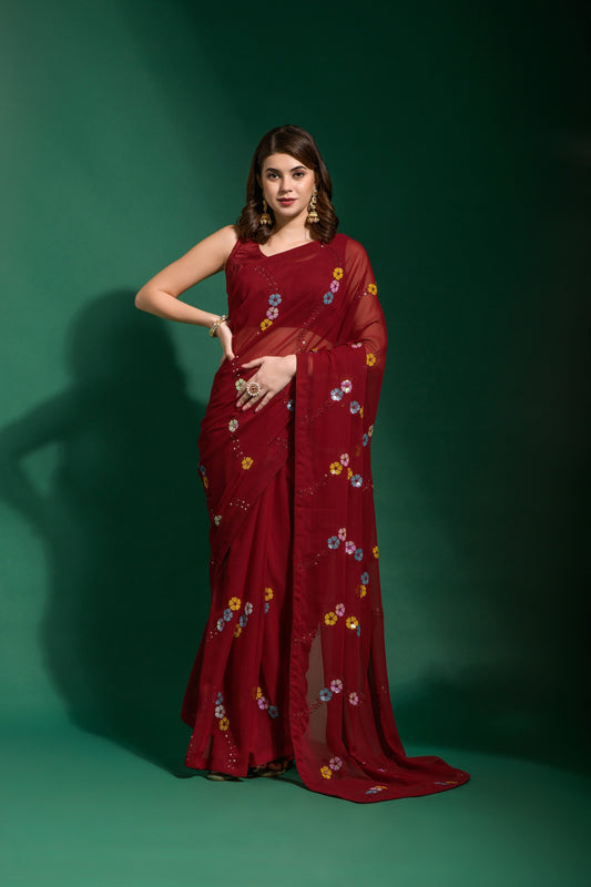 A Elegant Georgette Red Color Saree