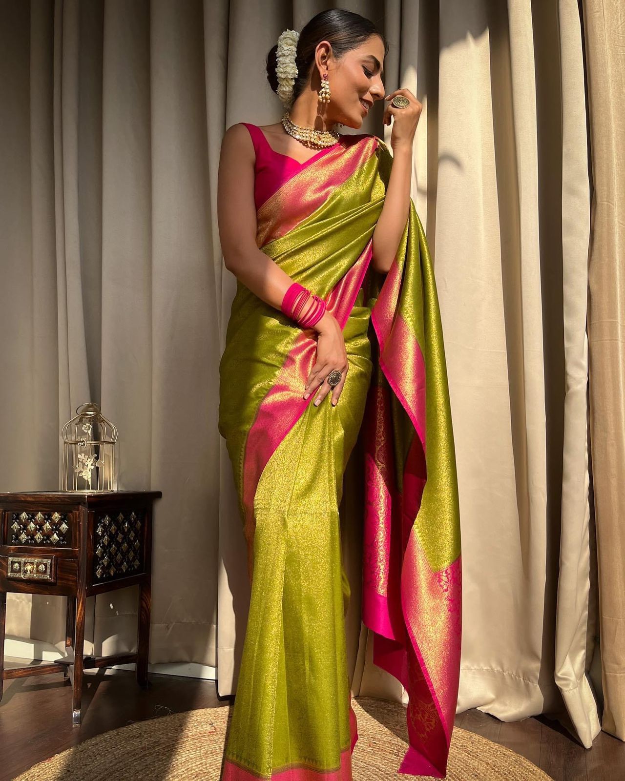 Traditional Wear Jacquard Perrot Color Silk Saree