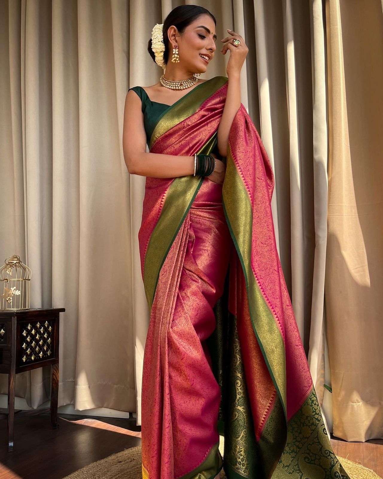 Traditional Wear Jacquard Perrot Color Silk Saree