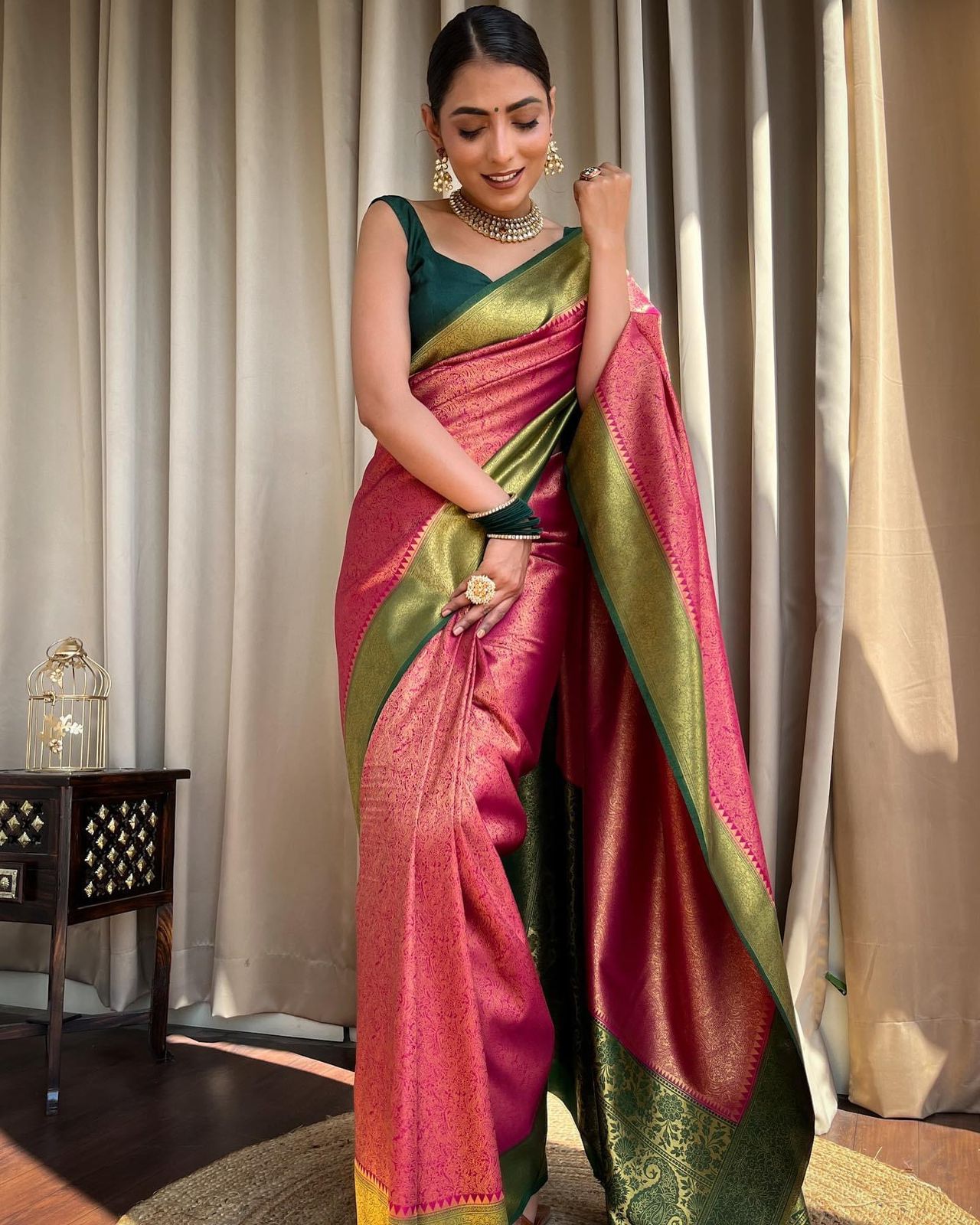 Traditional Wear Jacquard Perrot Color Silk Saree