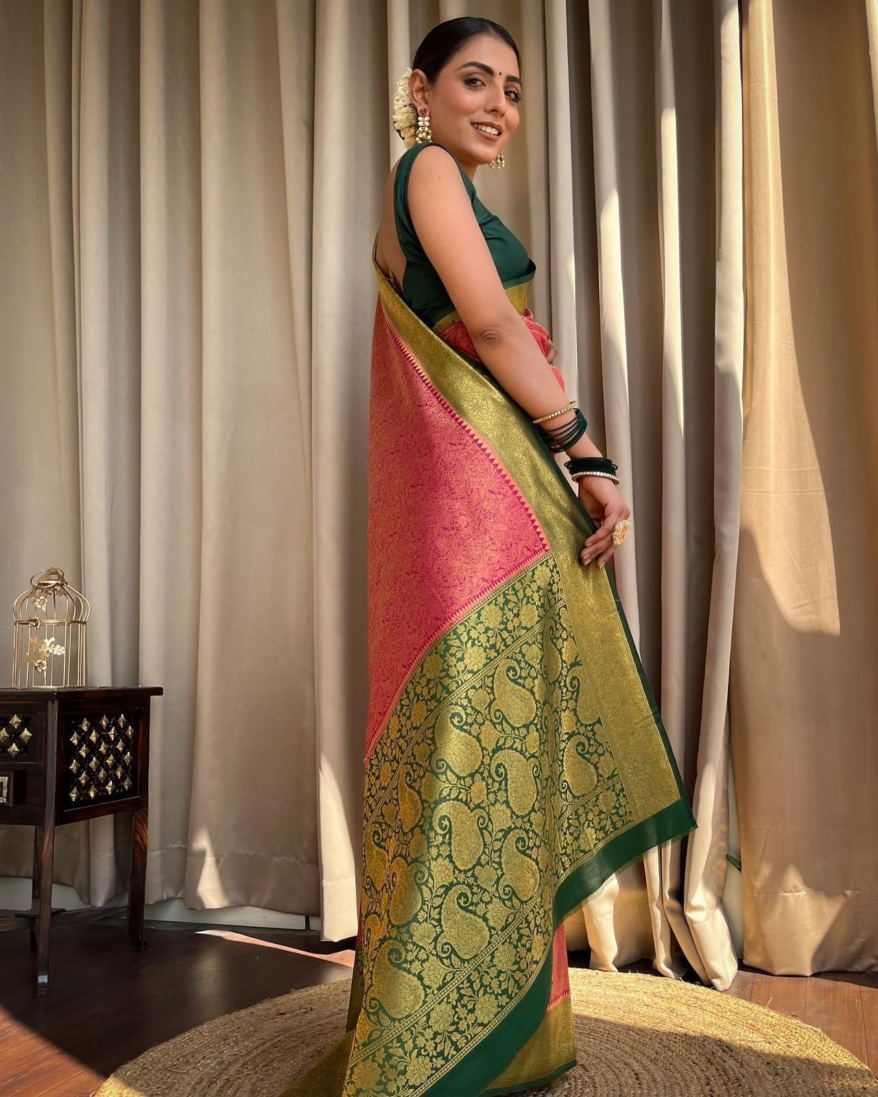 Traditional Wear Jacquard Perrot Color Silk Saree