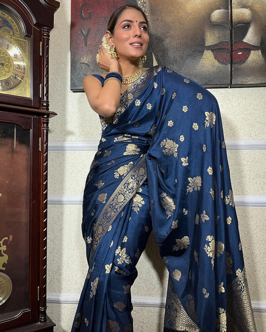 Ceremony Wear Jacquard Blue Color Silk Saree