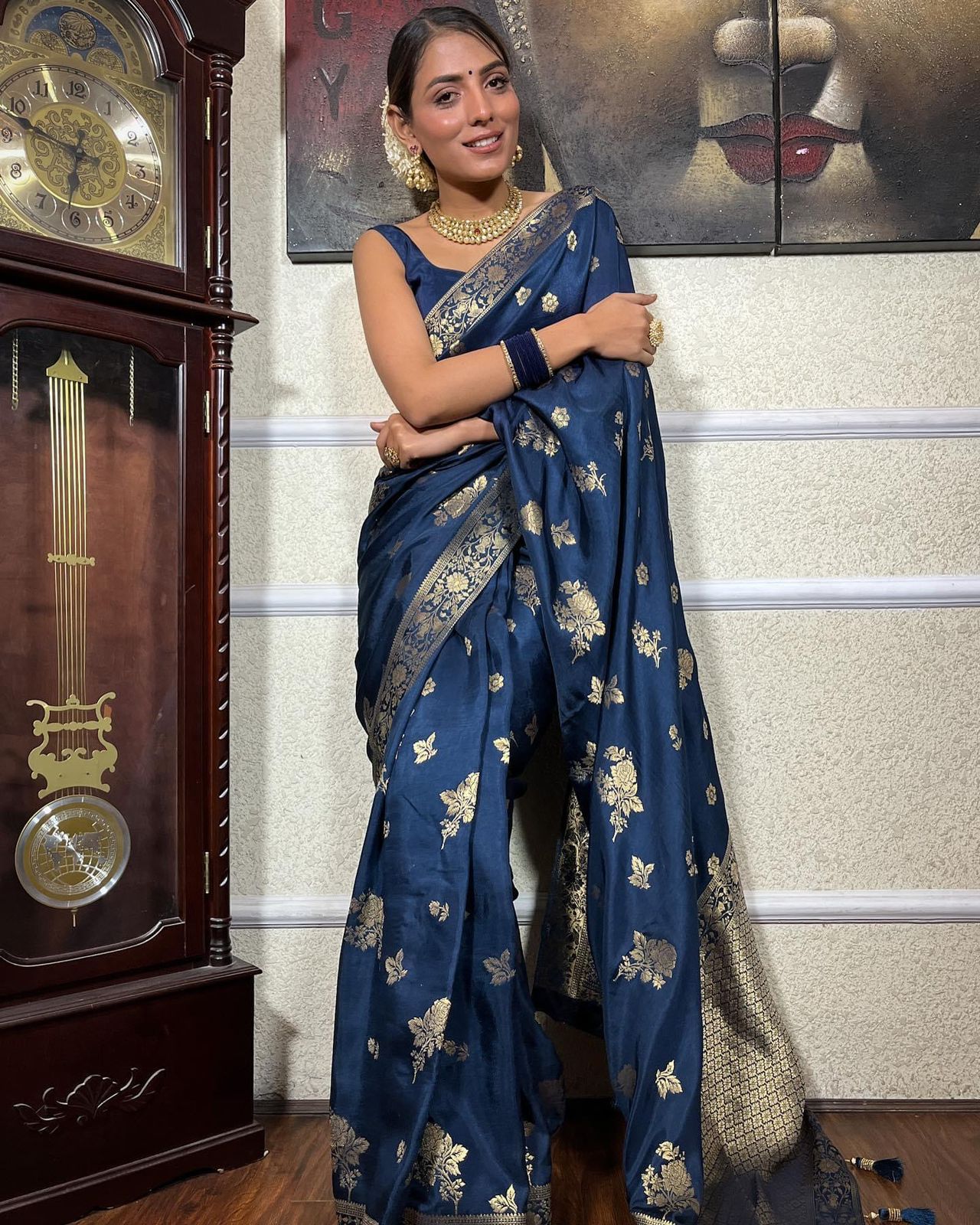 Ceremony Wear Jacquard Blue Color Silk Saree