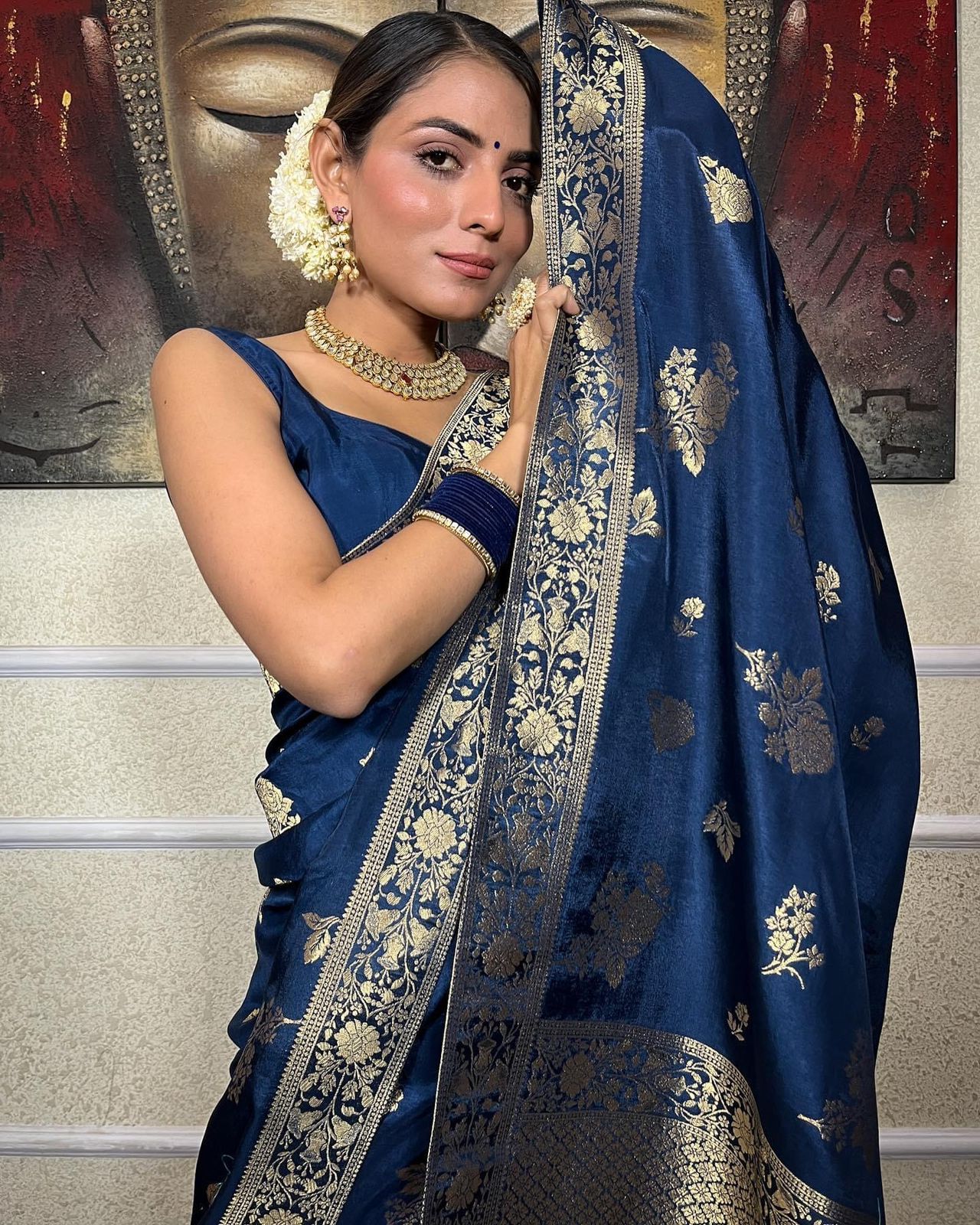 Ceremony Wear Jacquard Blue Color Silk Saree