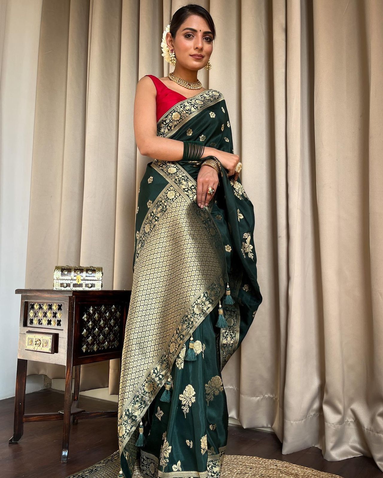 Ceremony Wear Jacquard Green Color Silk Saree