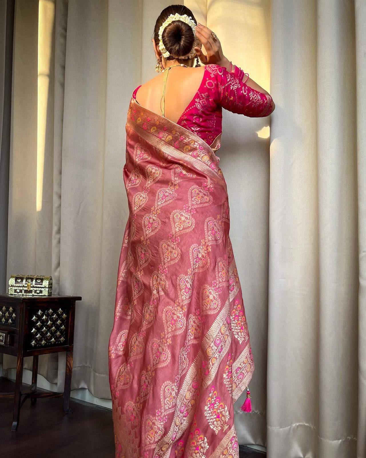 Engagement Wear Peach Color Jacquard Silk Saree