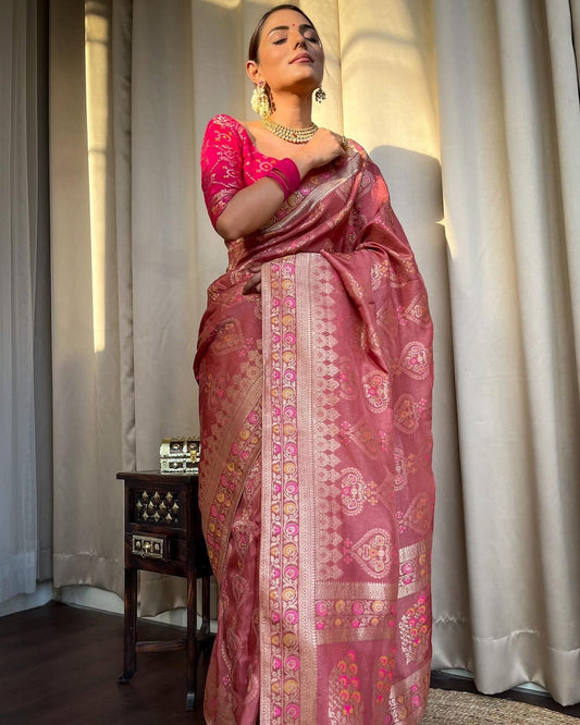 Engagement Wear Peach Color Jacquard Silk Saree