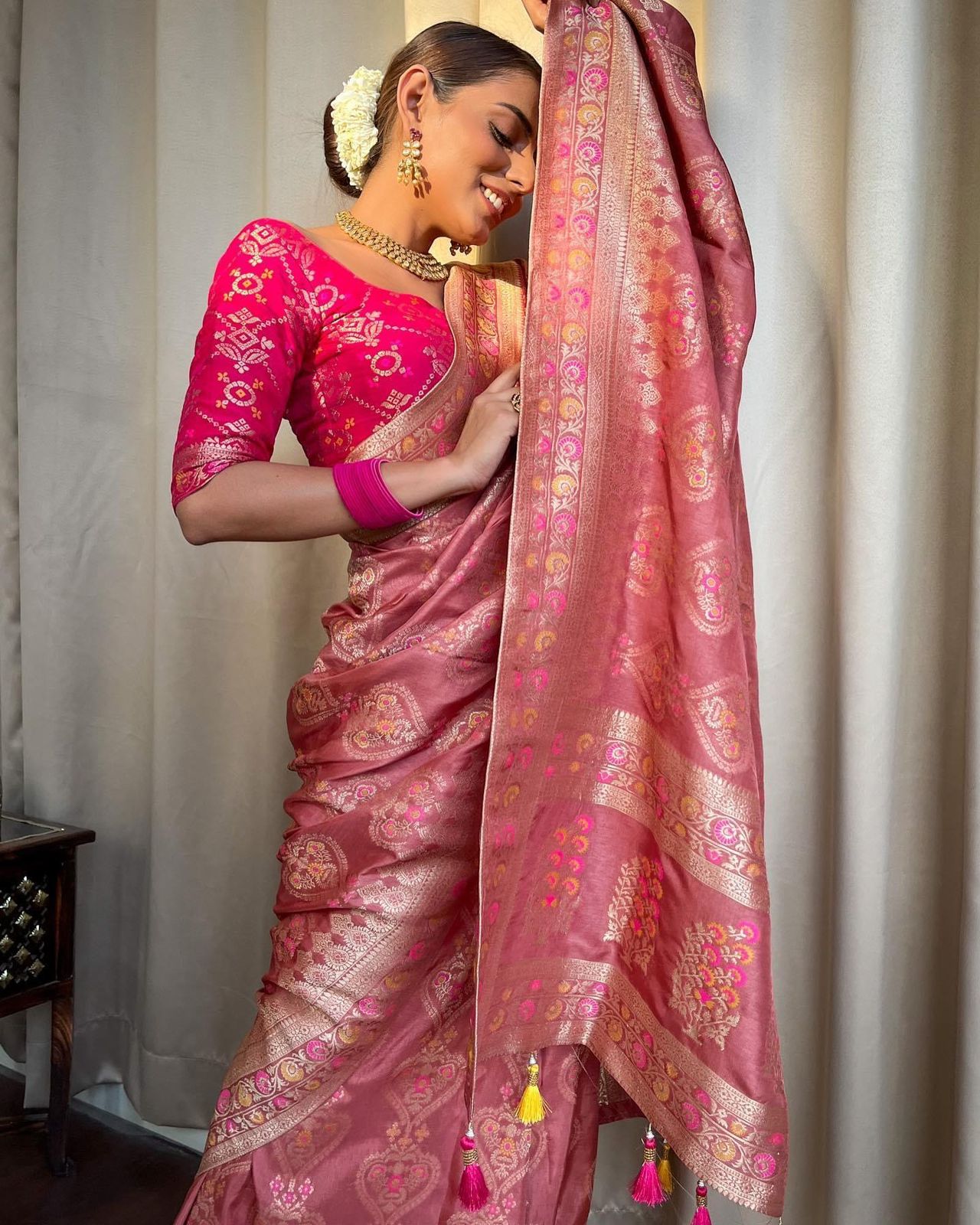 Engagement Wear Peach Color Jacquard Silk Saree