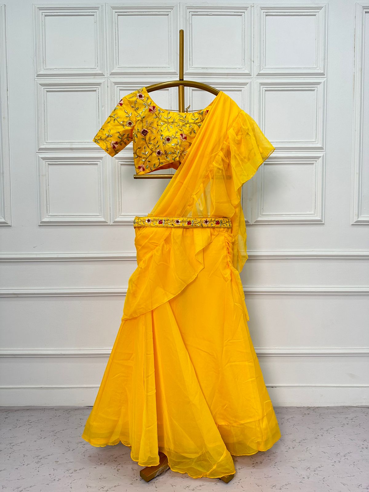 A Glossy Organza Haldi Wear Yellow Color Lehenga Saree