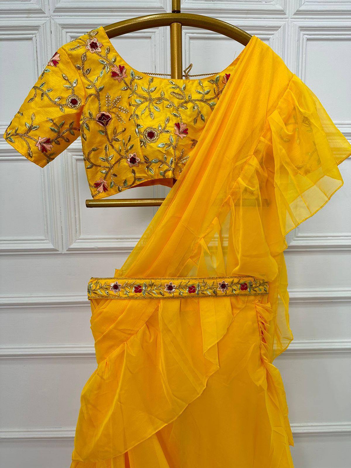 A Glossy Organza Haldi Wear Yellow Color Lehenga Saree