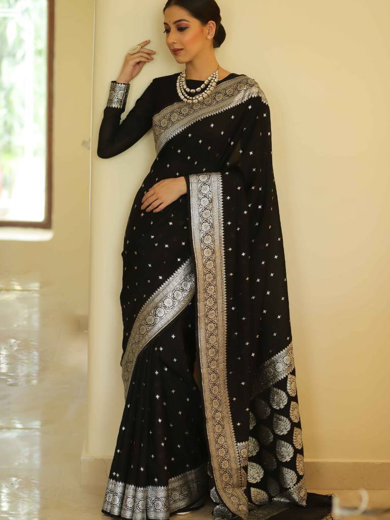 Mesmerizing Jaquard Black Color Silk Saree