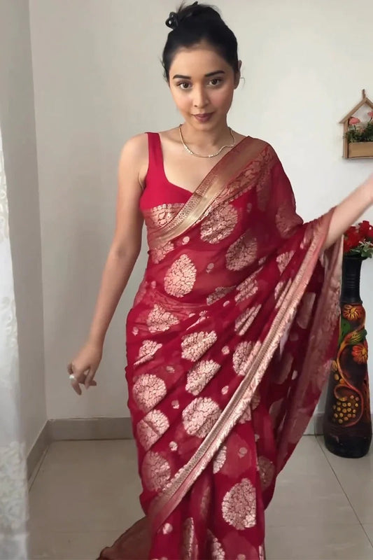 Amazing Jacquard Work Red Color Amazing Ready To Wear Saree