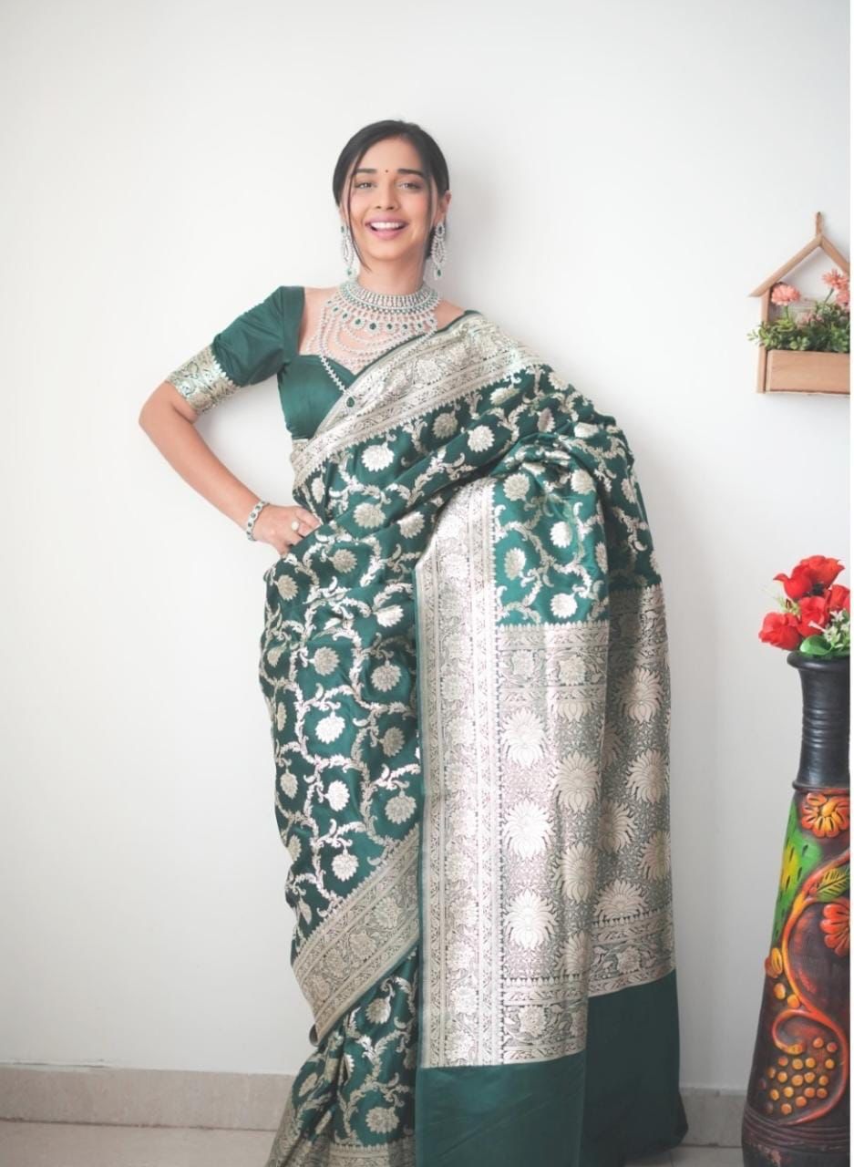 Captivating Green Color Jacquard Work Ready To Wear Saree