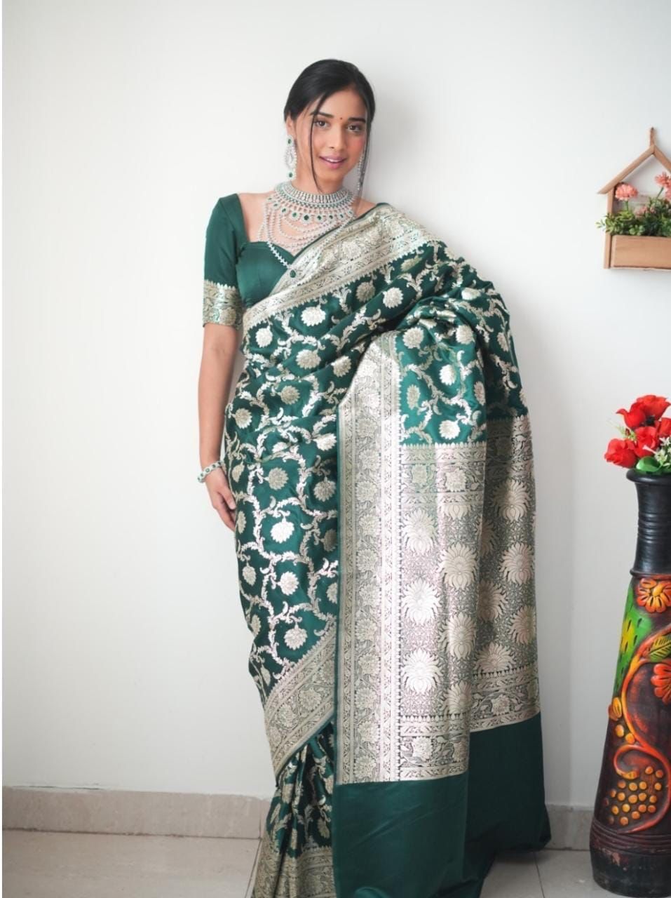 Captivating Green Color Jacquard Work Ready To Wear Saree