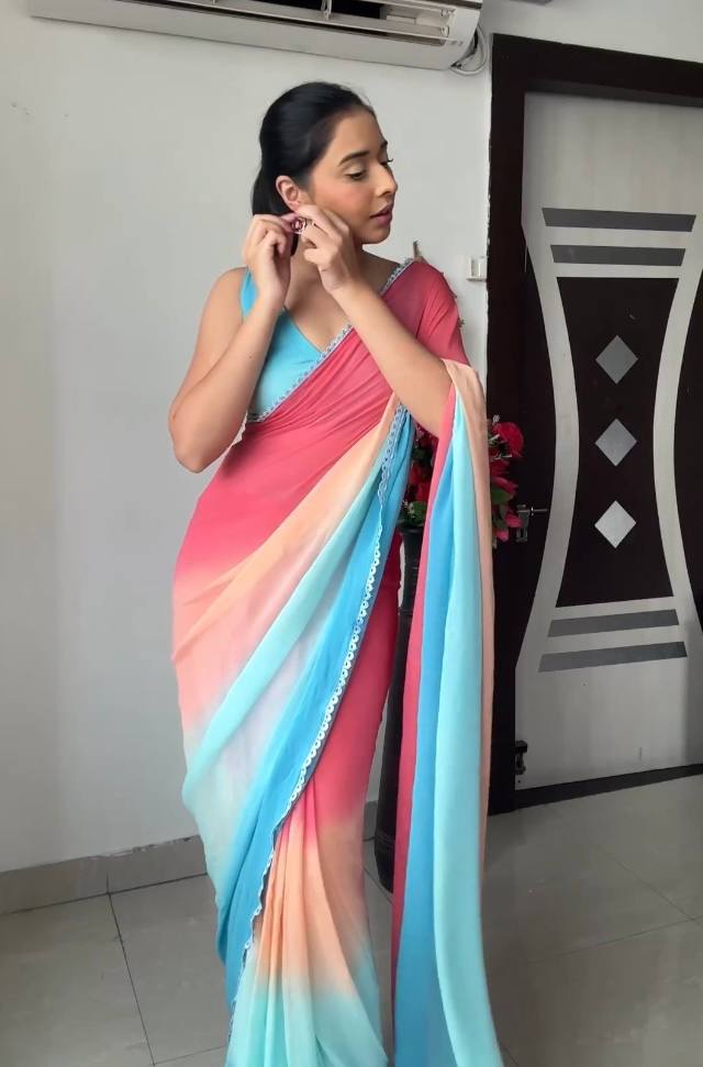 Glimmering Pink With Sky Blue Color Georgette Ready To Wear Saree