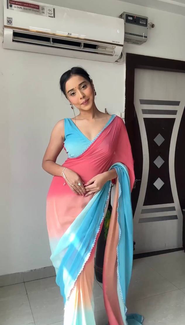 Glimmering Pink With Sky Blue Color Georgette Ready To Wear Saree