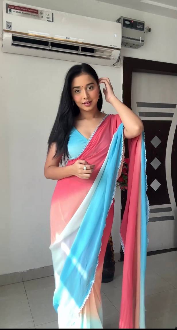 Glimmering Pink With Sky Blue Color Georgette Ready To Wear Saree