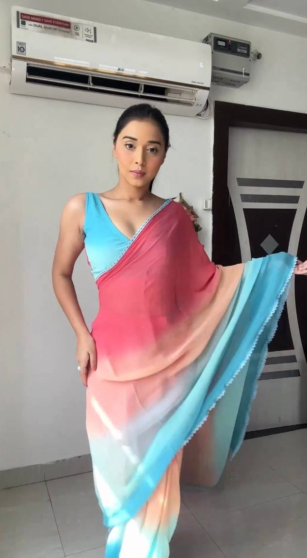 Glimmering Pink With Sky Blue Color Georgette Ready To Wear Saree