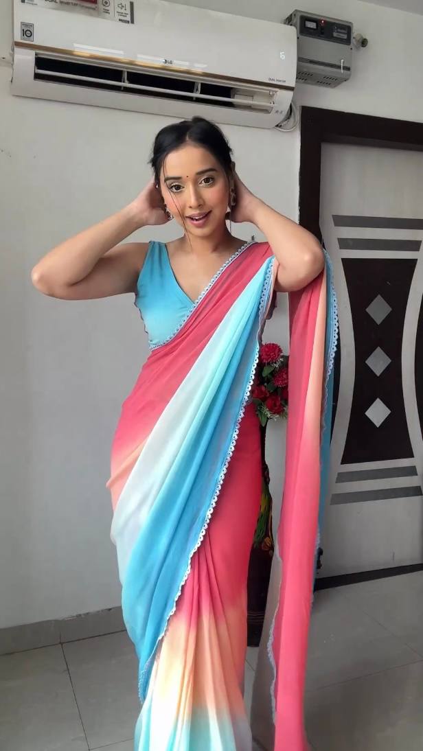 Glimmering Pink With Sky Blue Color Georgette Ready To Wear Saree