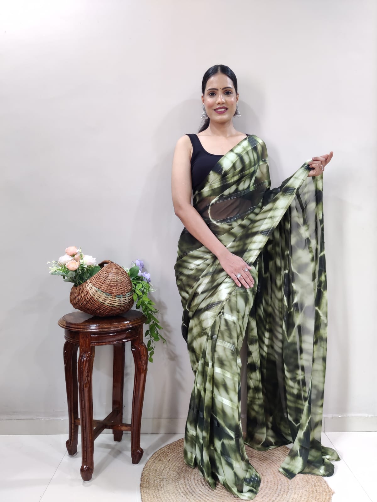 Shibori Print Green Color Ready To Wear Saree