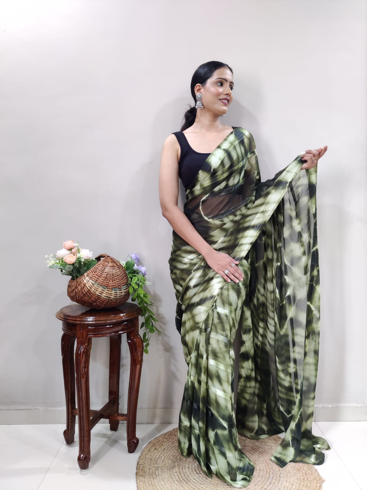 Shibori Print Green Color Ready To Wear Saree