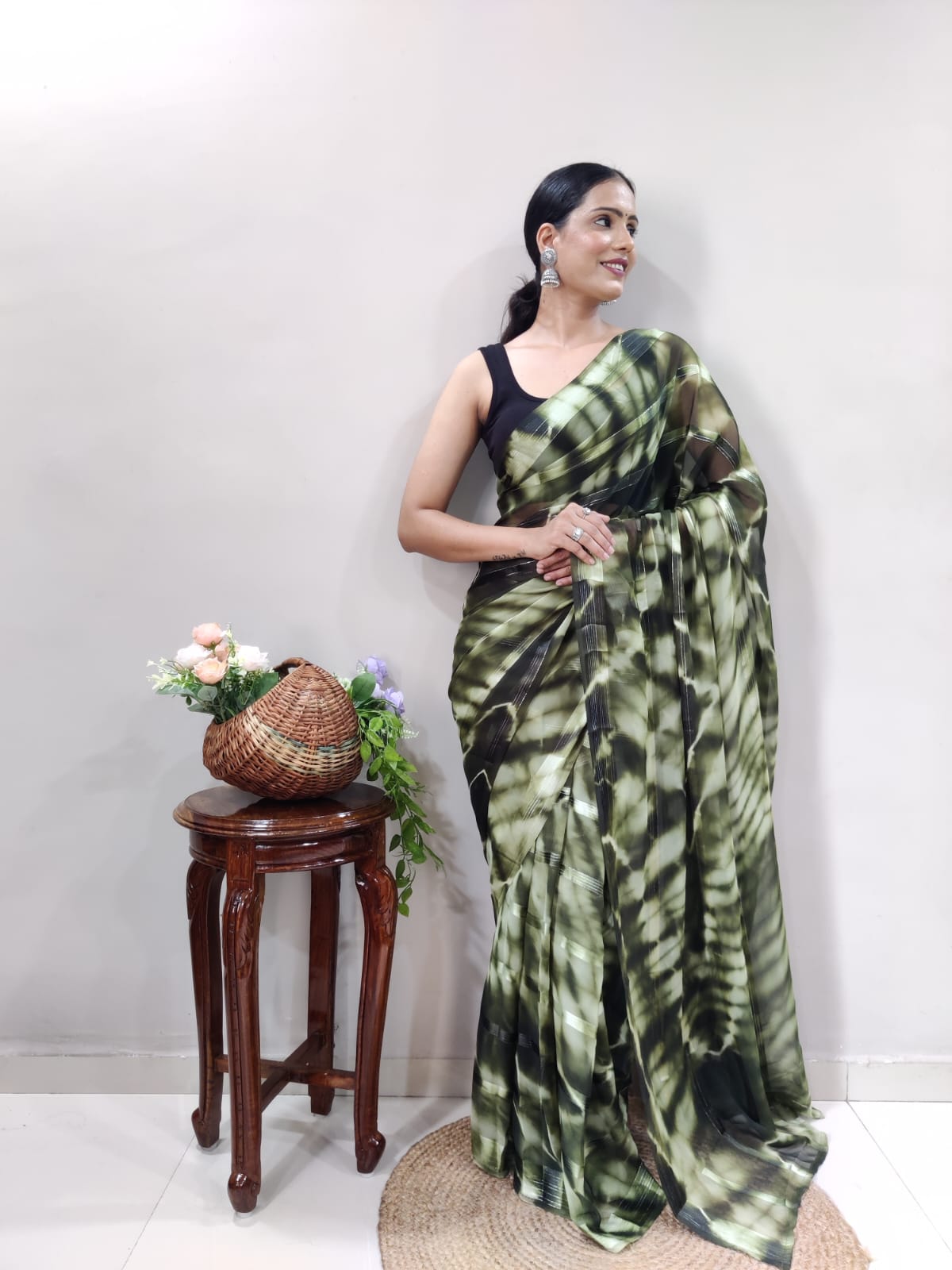 Shibori Print Green Color Ready To Wear Saree