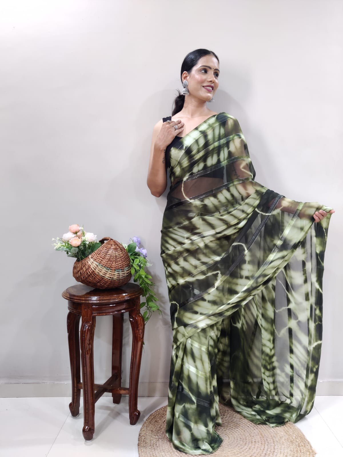 Shibori Print Green Color Ready To Wear Saree