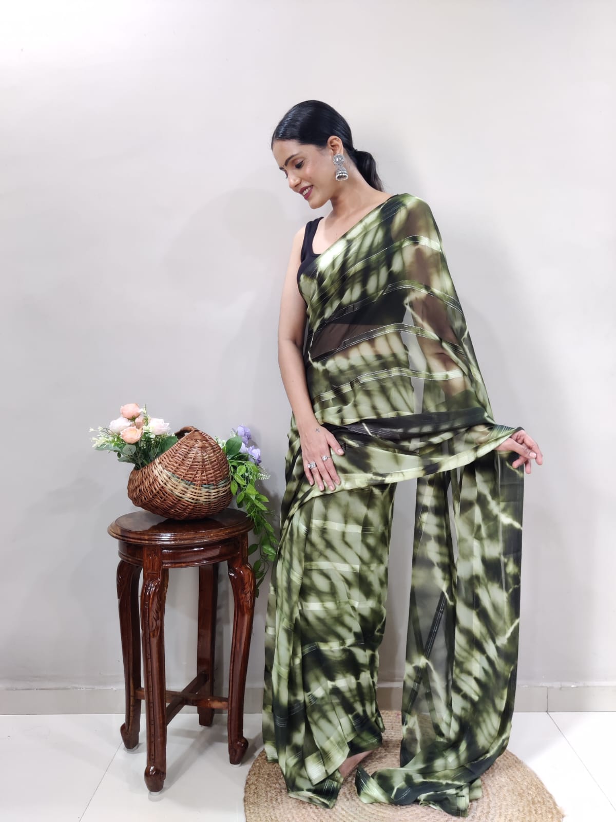 Shibori Print Green Color Ready To Wear Saree