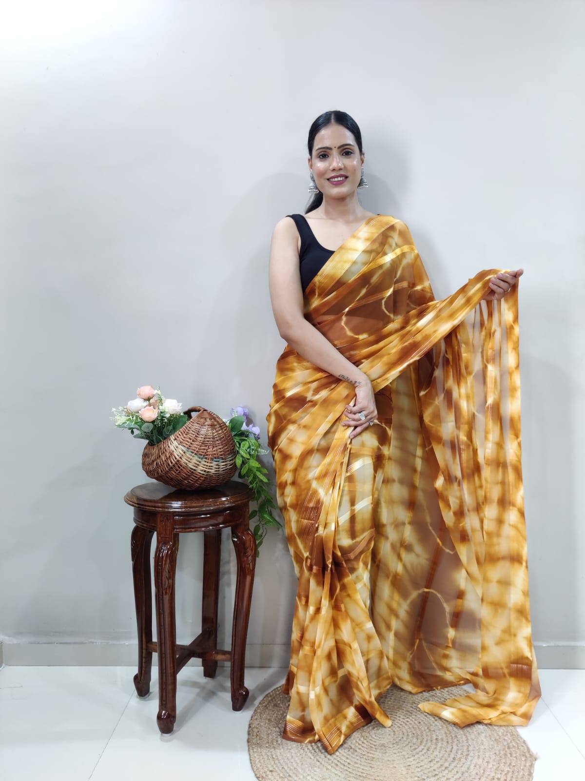 Shibori Print Mustard Color Ready To Wear Saree