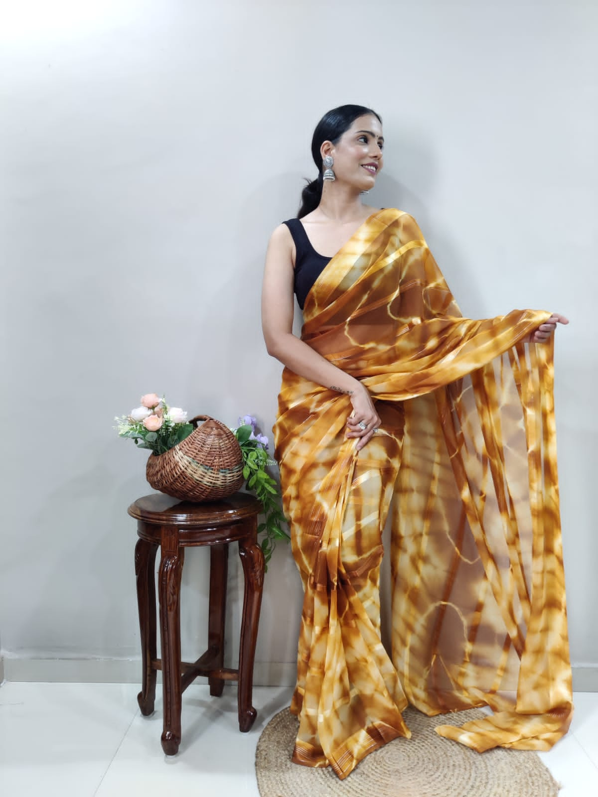 Shibori Print Mustard Color Ready To Wear Saree