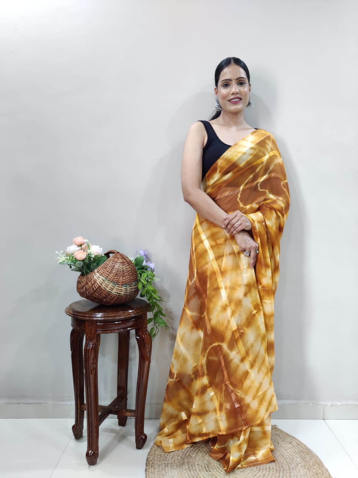 Shibori Print Mustard Color Ready To Wear Saree